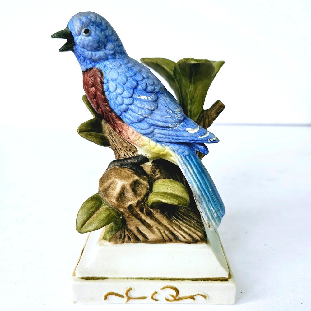 Vintage Ceramic Bluebird Figurine Tree Stump Base Nature Decor Collectible